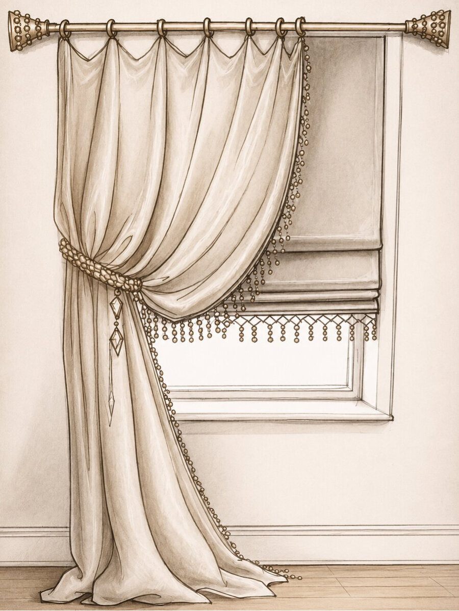 Schiță draperie cu ciucuri decorative